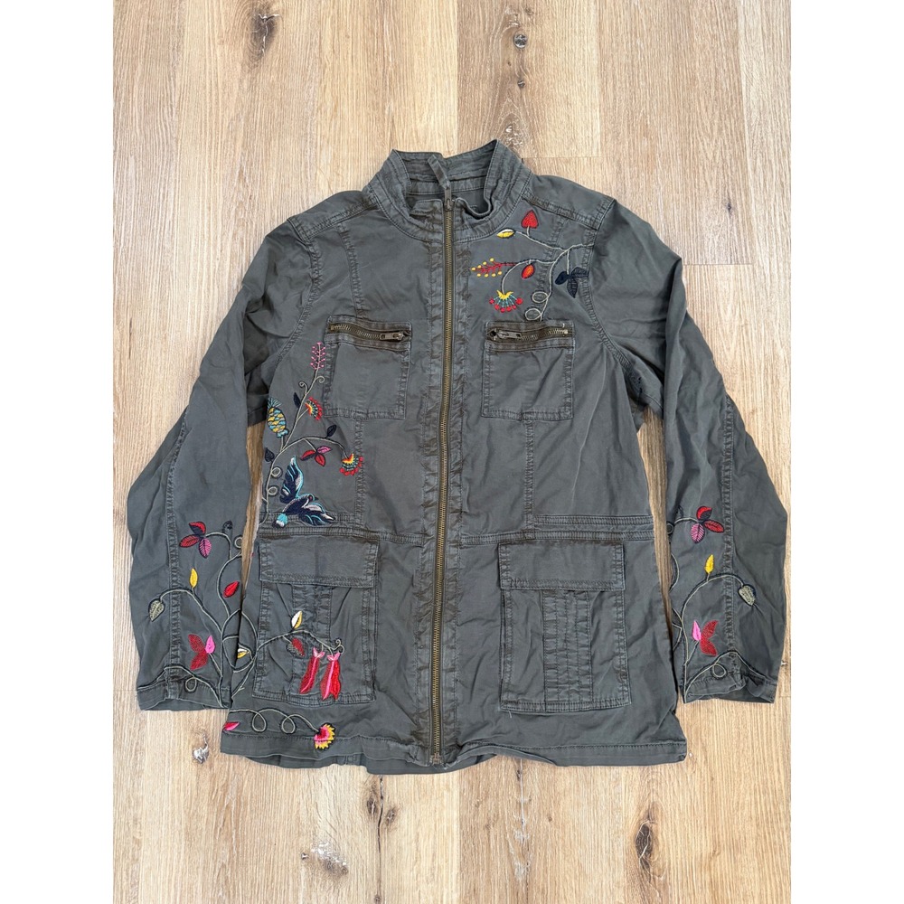 Utility Jacket Womens Large Olive Green Floral Bird Embroidered Full Zip Boho